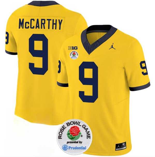 Mens Michigan Wolverines #9 J.J. McCarthy 2023 F.U.S.E. Yellow Rose Bowl Patch Stitched Jersey Dzhi